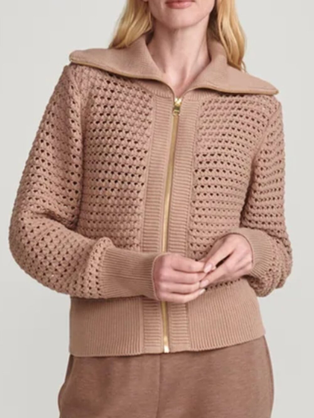 Varely Eloise Sweater Full Zip Warm Taupe Size Large 100% Cotton EUC